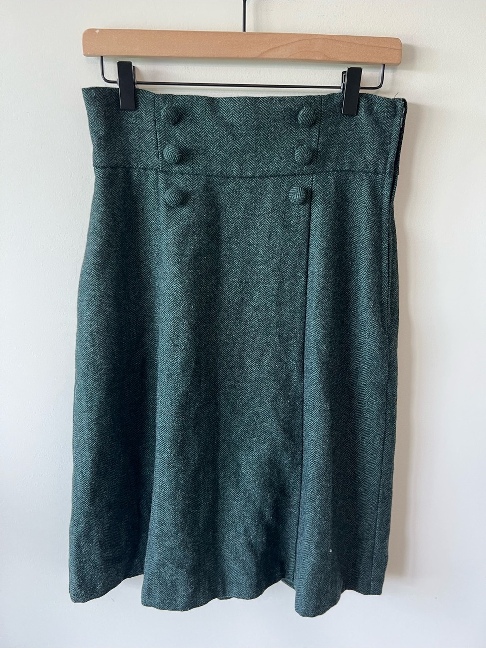 ModCloth Timeless Element Green Herringbone Wool Blend High Waist Skirt Sz 6